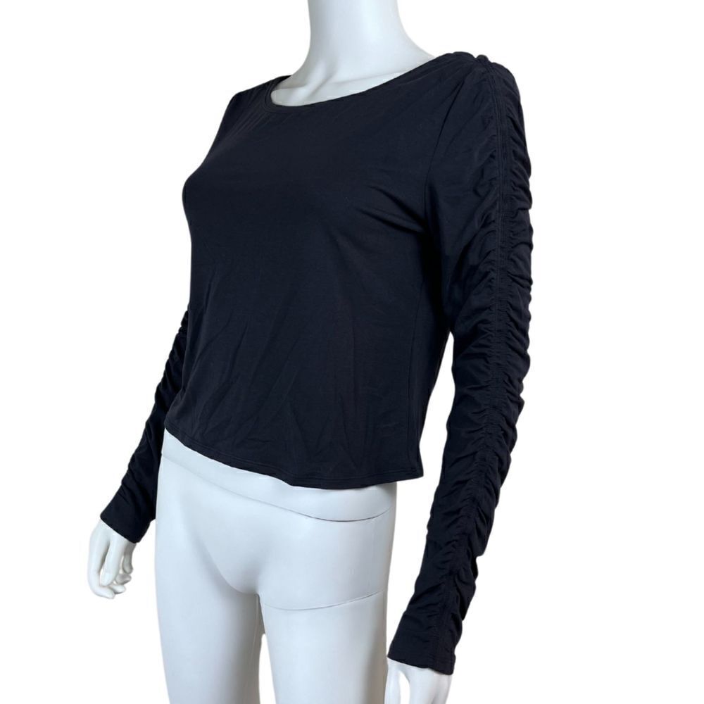Athleta All Around Women Size S Black Cropped Ruched Long Sleeve Jersey Knit Top